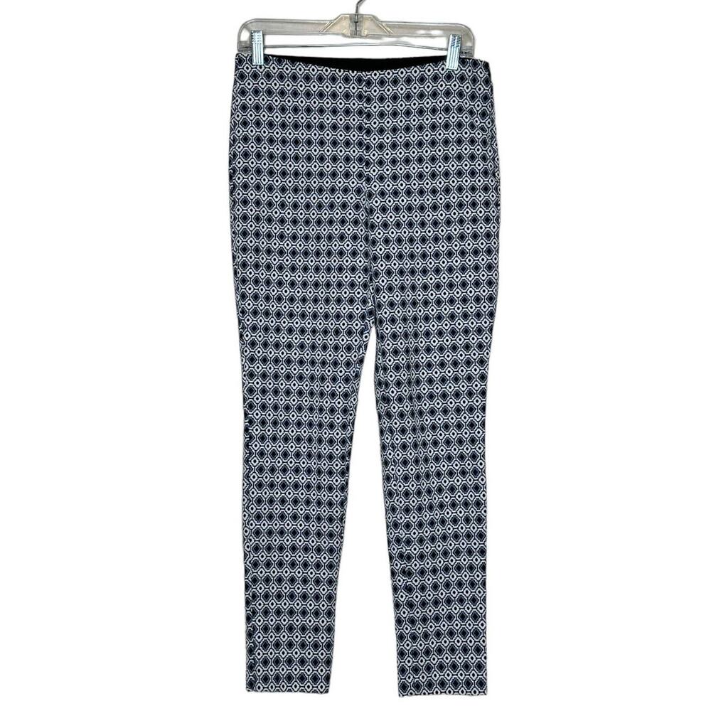 Zara white black blue geometric print flat front side zipper pants size Small